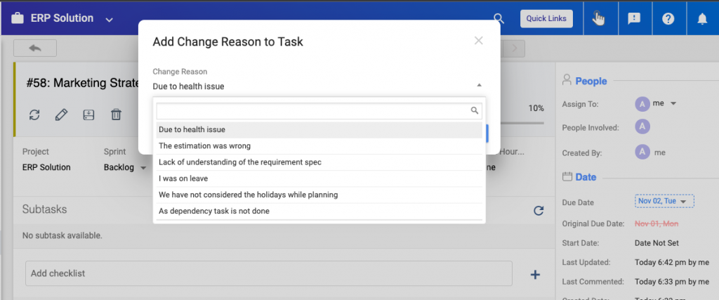 Add Task Due Date Changing Reasons